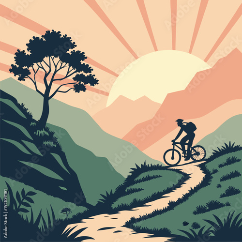 Silhouette of a cyclist riding a mountain bike on a winding trail at sunset with mountains and a tree 100