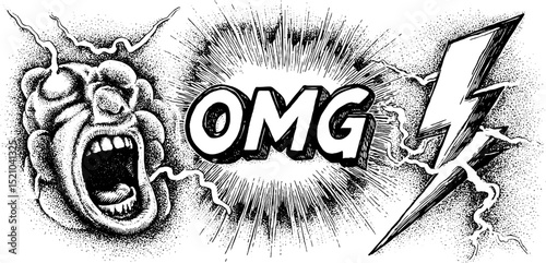 Engraved comic style illustration featuring omg lettering with energetic lightning elements