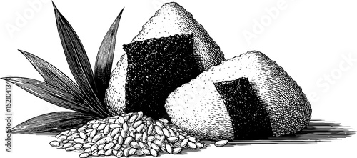 Traditional engraved onigiri and seaweed illustration for culinary art and design