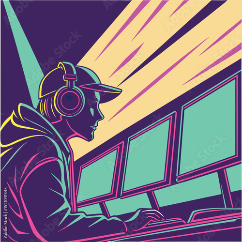 Person with headphones and a cap using multiple monitors in a neon lit room at a computer setup