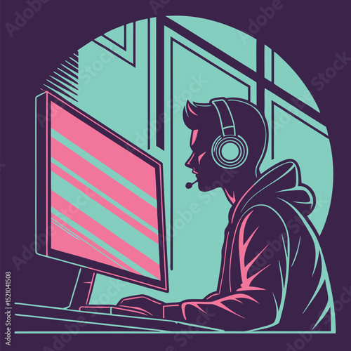 Silhouette of a gamer with headphones playing on a computer with a window in the background scene