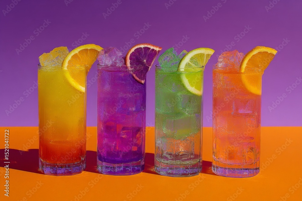 Fototapeta premium Colorful cocktails arranged on a vibrant orange background with citrus garnishes and ice cubes in each glass