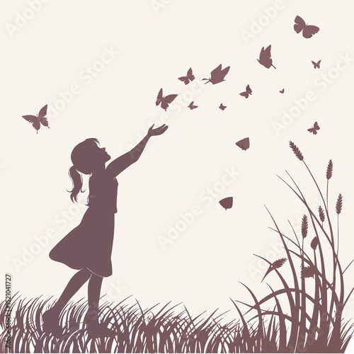 Silhouette of a girl reaching out to a swarm of butterflies in a grassy field on a light background