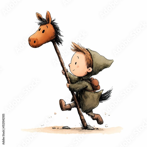 Minimalistic cartoon Hobbyhorsing boy riding a stick with a horse head. Watercolor illustration for kids on white background photo