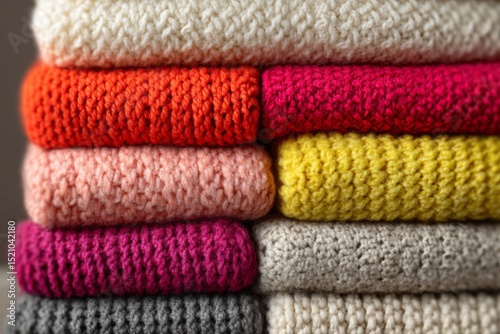 Vibrant knitted textiles stacked elegantly in warm colors display cozy craftsmanship and inviting textures at a crafting studio