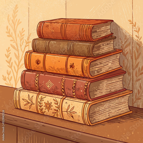 Vector illustration of a stack of vintage books on a wooden shelf, evoking a cozy reading atmosphere, copy space