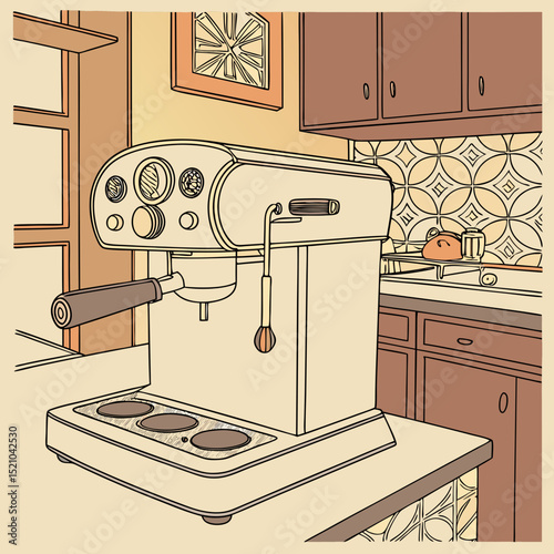 Vector illustration of a coffee machine in a kitchen setting, evoking warmth and comfort, copy space
