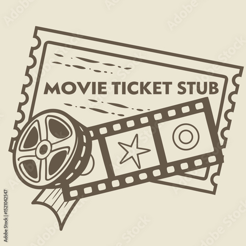 Vintage movie ticket stub and film reel graphic on a neutral background, evoking nostalgia, copy space