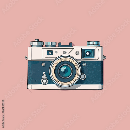 Vector illustration of a vintage camera on a pink background, evoking nostalgia and creativity, copy space