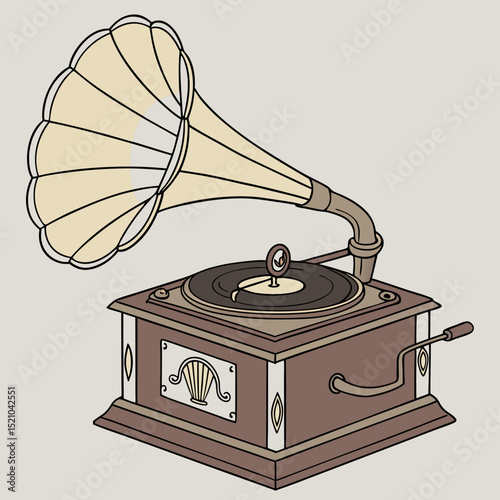 Vector illustration of a vintage gramophone, showcasing classic design and nostalgia, copy space