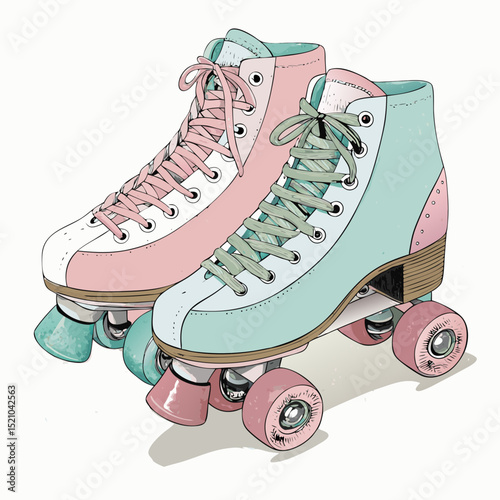 Vector illustration of retro roller skates in pastel colors, evoking fun and nostalgia, copy space