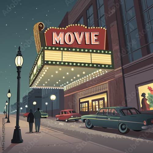 Vector illustration of a vintage movie theater marquee at night, evoking nostalgia and cinematic charm, copy space