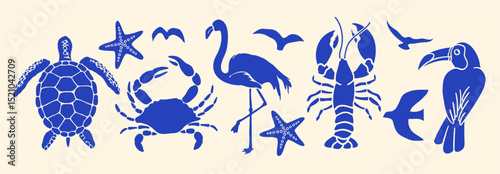 Tropical marine animal silhouette set in bold blue. Includes crab, turtle, flamingo, toucan, lobster, starfish, and birds. Perfect for beach, summer, and ocean-themed designs.
