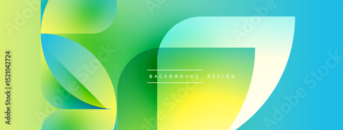Abstract gradient shapes overlap, creating dynamic visual effect. Yellow, green, blue hues blend smoothly. Modern design element.