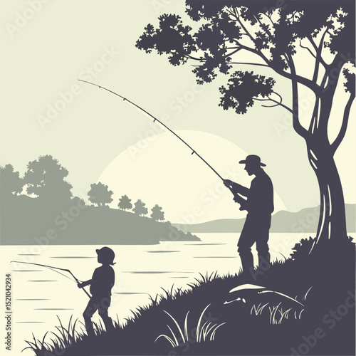 Silhouette of a man and child fishing by the river under a tree at sunset in a peaceful outdoor scene