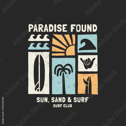 Vector graphic with waves, shaka sign, sun, surfboard, sun and palm tree. Perfect for t-shirt print, posters, and stickers.