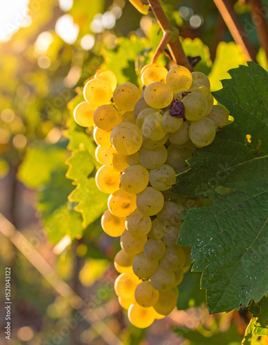 Golden hour illuminates ripe grapes on a vine, suggesting harvest, abundance, and the promise of fine wine. Ideal for food, travel, or agricultural concepts.