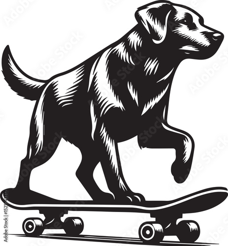 A spirited dog skateboarding joyfully down a path a fun black and white illustration perfect for pet lovers and sports enthusiasts