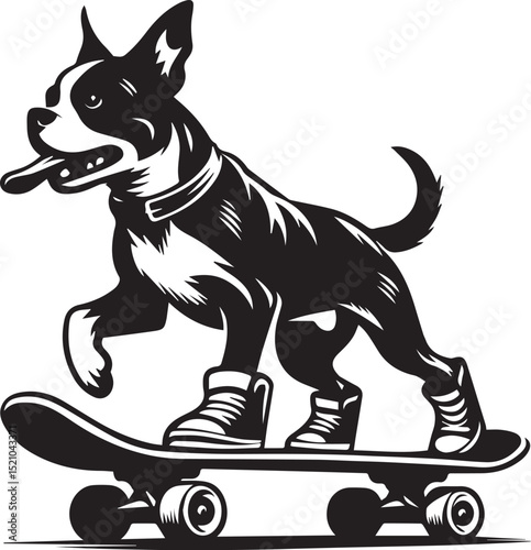 A spirited dog skateboarding joyfully down a path a fun black and white illustration perfect for pet lovers and sports enthusiasts