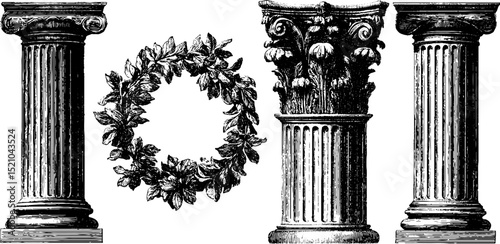 Ornate ancient columns and decorative wreath design for historical architecture