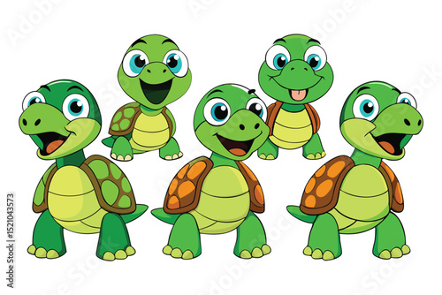 Adorable Cartoon Green Sea Turtles Set of Six Expressive Illustrations