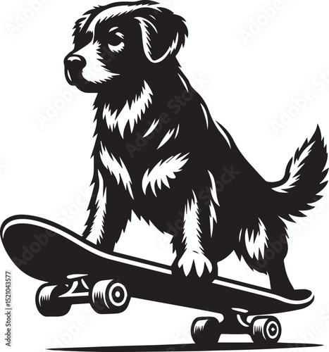 A spirited dog skateboarding joyfully down a path a fun black and white illustration perfect for pet lovers and sports enthusiasts