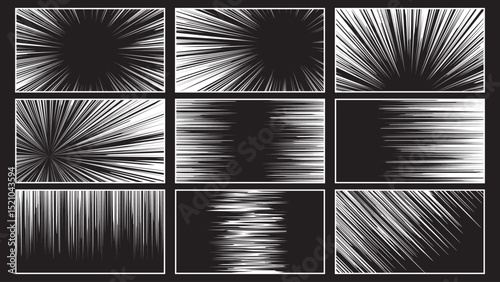 Comic Speed Lines Set. Comic book White radial rays, lines. Comics background with motion, speed lines. Pop art style elements. Vector illustration