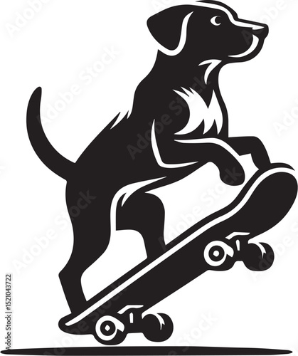 A spirited dog skateboarding joyfully down a path a fun black and white illustration perfect for pet lovers and sports enthusiasts