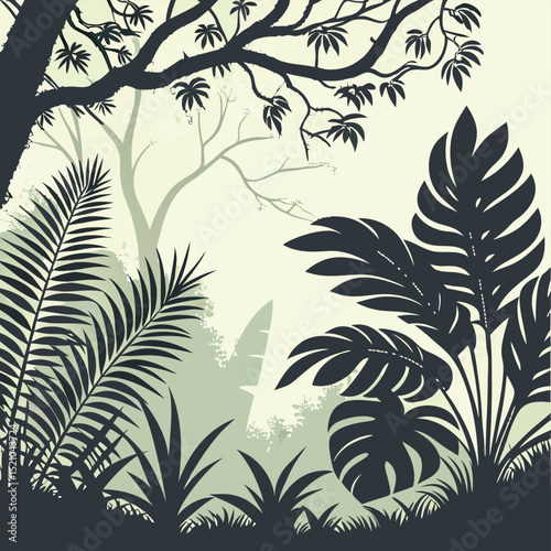 Illustration of a dense tropical forest with palm trees and lush vegetation in monochrome style