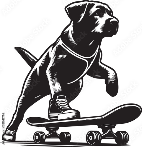 A spirited dog skateboarding joyfully down a path a fun black and white illustration perfect for pet lovers and sports enthusiasts
