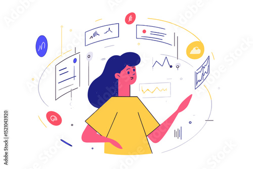 Digital Data Analysis: A woman navigates the digital realm, analyzing intricate data visualizations and statistics, her actions portray the power of technology and the ability to unlock key insights.