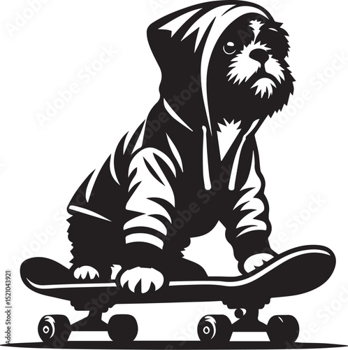 A spirited dog skateboarding joyfully down a path a fun black and white illustration perfect for pet lovers and sports enthusiasts