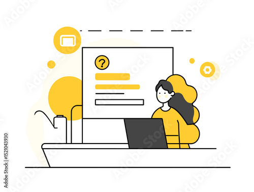 Digital Assistance: An illustration shows a person engrossed in their work using a laptop, with a screen showing data points, files, and question marks.