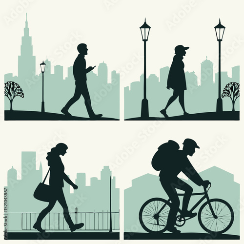 Silhouettes of people walking and biking in an urban setting with city skyline and street lamps shown