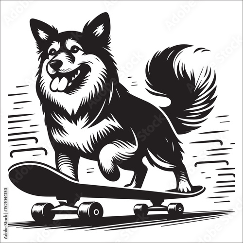 A spirited dog skateboarding joyfully down a path a fun black and white illustration perfect for pet lovers and sports enthusiasts