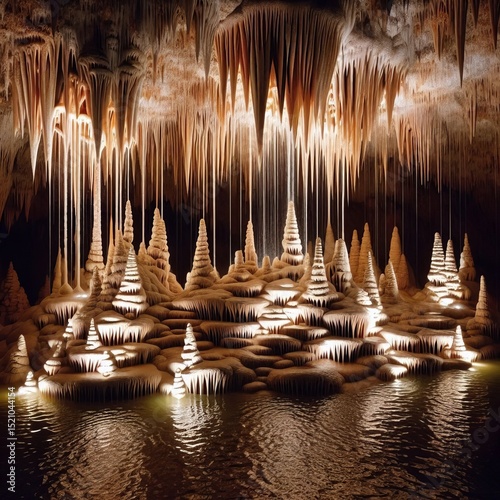 A set of stalactites and stalagmites that drip water in a precis