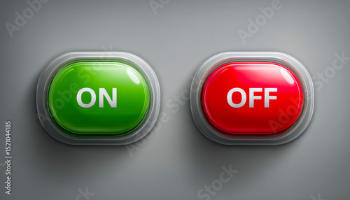 Close-up of illuminated green on and red off buttons on a gray background