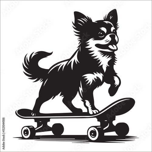 A spirited dog skateboarding joyfully down a path a fun black and white illustration perfect for pet lovers and sports enthusiasts