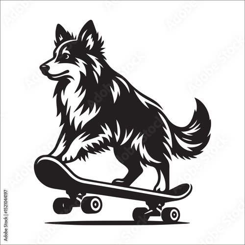 A spirited dog skateboarding joyfully down a path a fun black and white illustration perfect for pet lovers and sports enthusiasts
