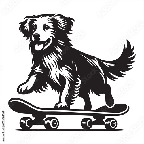 A spirited dog skateboarding joyfully down a path a fun black and white illustration perfect for pet lovers and sports enthusiasts
