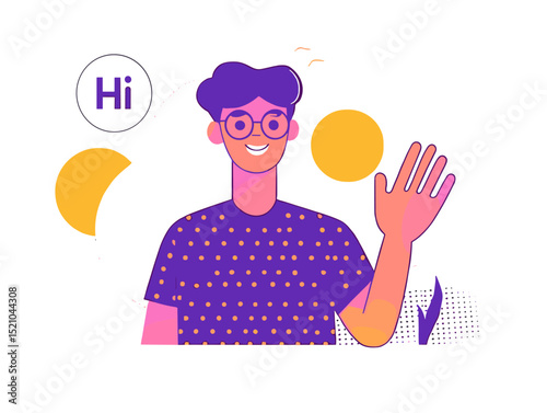 Friendly Digital Greeting: A cheerful character extends a welcoming hand in a modern, minimalistic illustration, creating an engaging design.