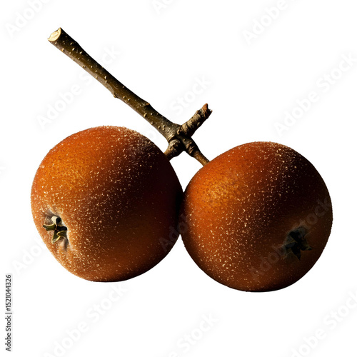 Two velvet apples on a branch , the fruits are round and reddish-brown with a velvety texture, isolated on a transparent background photo