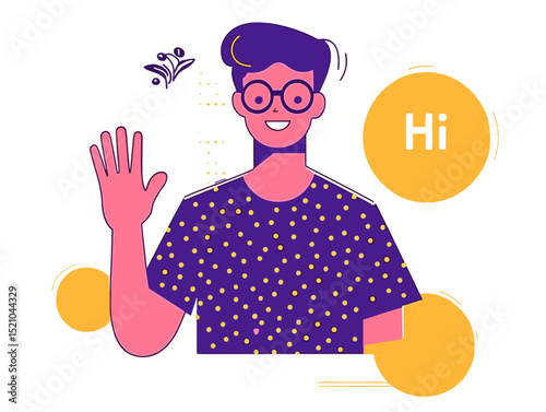 Friendly Greetings: A smiling cartoon person waves a warm hello, embodying approachability and welcome with a cheerful design and welcoming greeting.
