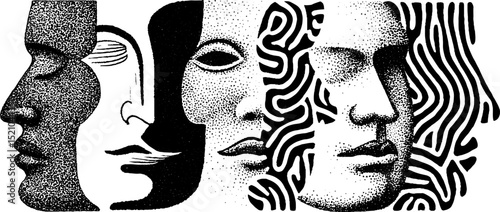 Abstract concept of overlapping engraved faces with graphic patterns
