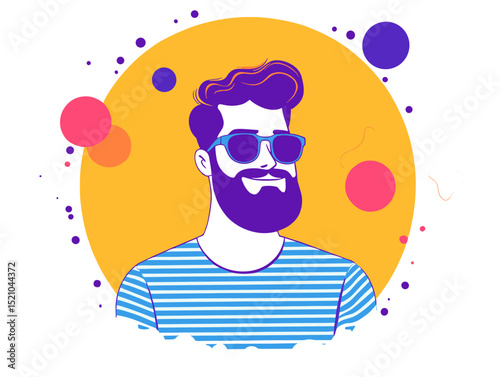 Cool Dude with Sunglasses: A stylized illustration of a trendy man, sporting sunglasses, a fashionable hairstyle, and a full beard.