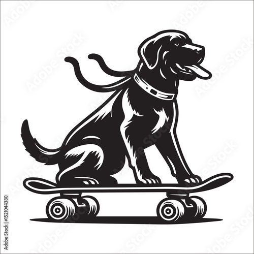 A spirited dog skateboarding joyfully down a path a fun black and white illustration perfect for pet lovers and sports enthusiasts