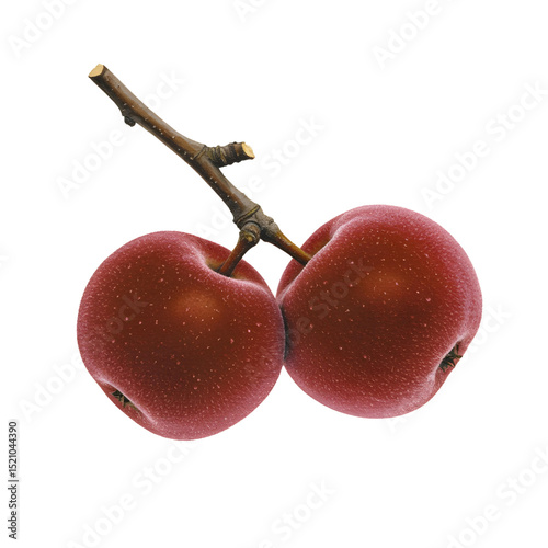 Two velvet apples on a branch , the fruits are round and reddish-brown with a velvety texture, isolated on a transparent background photo