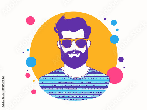 Hipster with Sunglasses: A vibrant illustration of a stylish man with a beard and sunglasses, radiating confidence and individuality, encircled by a burst of colorful, playful design elements.