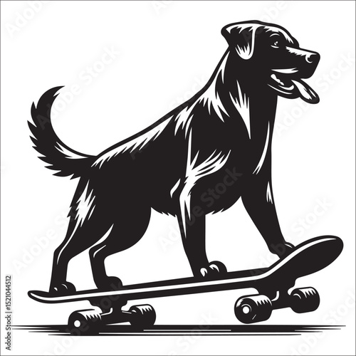 A spirited dog skateboarding joyfully down a path a fun black and white illustration perfect for pet lovers and sports enthusiasts
