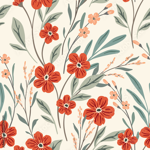 Seamless floral pattern, vintage ditsy print of hand drawn wild plants. Elegant botanical design of small red flowers, large leaves, thin twigs, herbs in abstract composition. Vector illustration.
